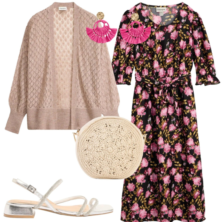Outfit donna - Boho Spring Vibes. Stile Boho per Tutti i giorni. Abbinamento con vestiti midi/longuette, cardigans, borse a tracolla, orecchini, sandali.