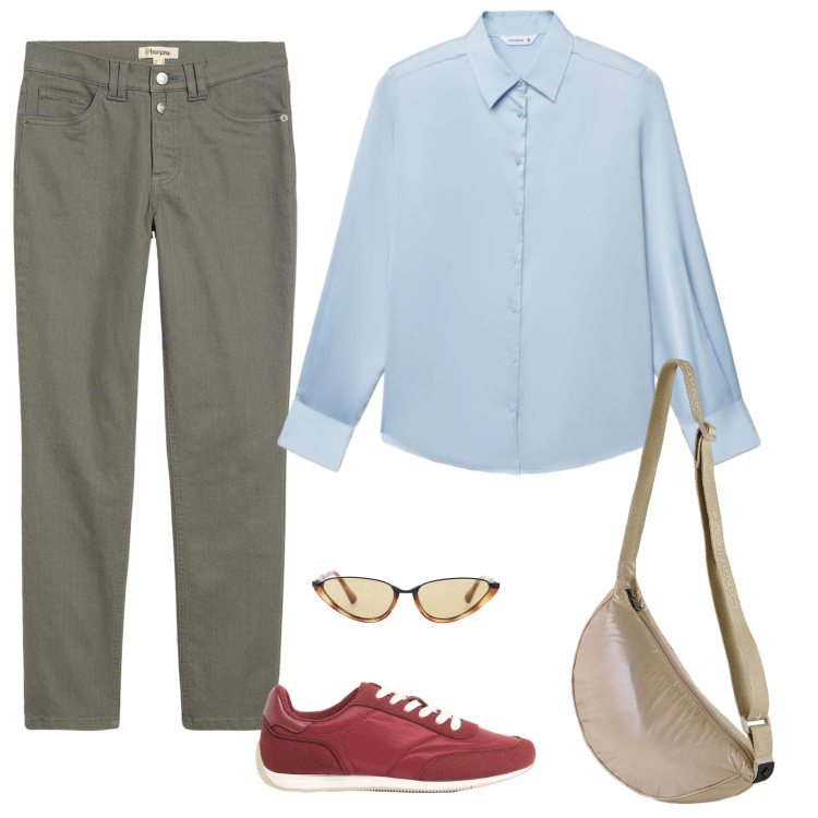 Outfit donna - Sporty chic. Stile Casual chic per Tutti i giorni. Abbinamento con pantaloni, sneakers, camicie, occhiali da sole, borse a tracolla.