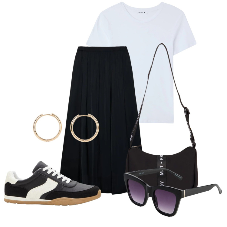 Outfit donna - Total look #2388806. Stile Casual chic per Tutti i giorni. Abbinamento con orecchini, occhiali da sole, sneakers, gonne longuette, t-shirt, borse a tracolla.