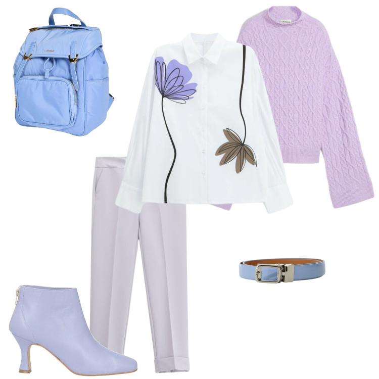 Outfit donna - Glicine. Stile Casual chic per Tutti i giorni. Abbinamento con stivaletti, zaini, maglieria, pantaloni, camicie, cinture.
