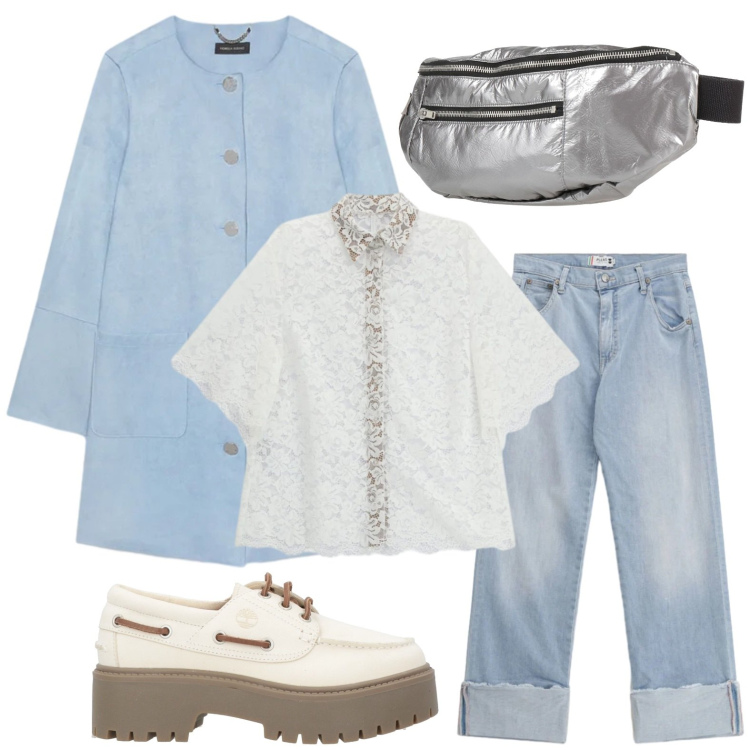Outfit donna - Denim chiaro di primavera. Stile Glamour per Tutti i giorni. Abbinamento con mocassini, marsupi, cappotti, jeans dritti, camicie a manica corta.