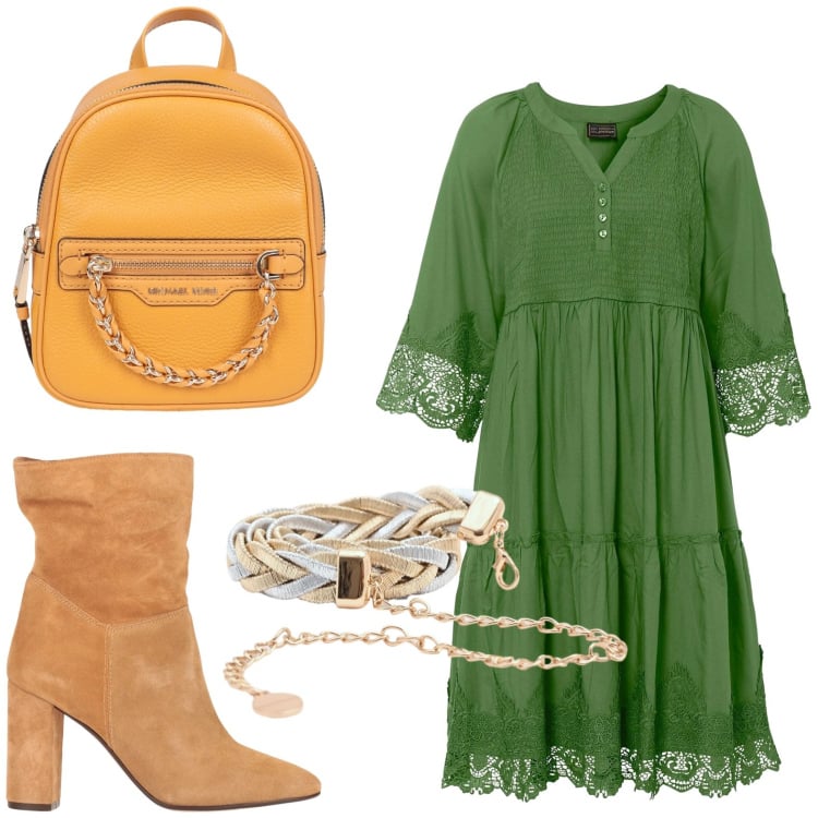 Outfit donna - Un abito per aprile. Stile Boho per Tutti i giorni. Abbinamento con zaini, stivaletti, vestiti chemisier, cinture.