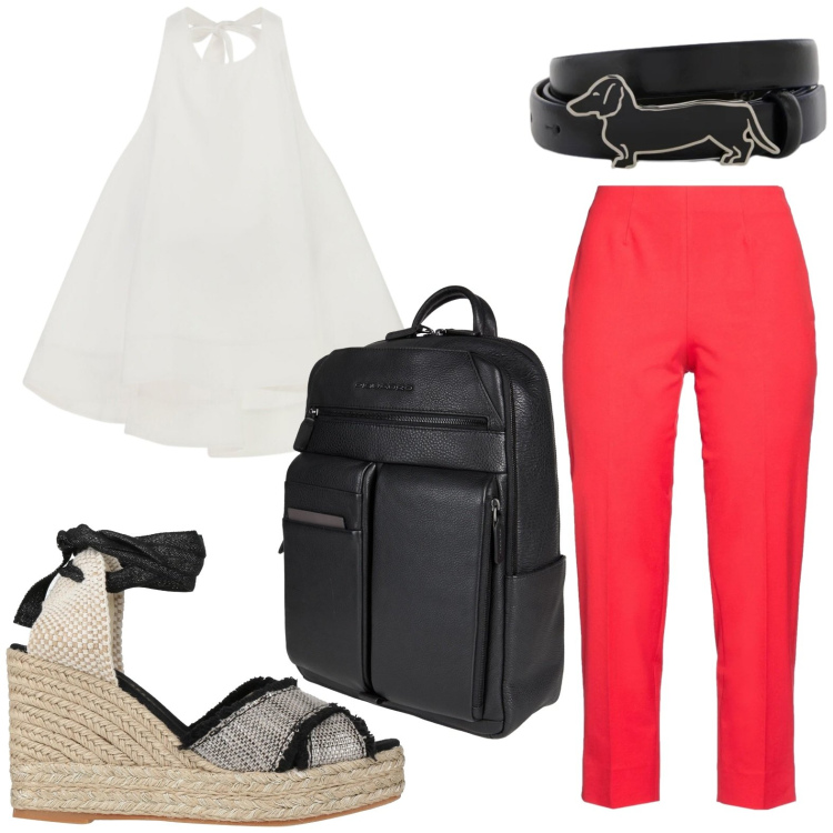 Outfit donna - Top white. Stile Minimal per Ufficio. Abbinamento con espadrillas, zaini, pantaloni, top, cinture.
