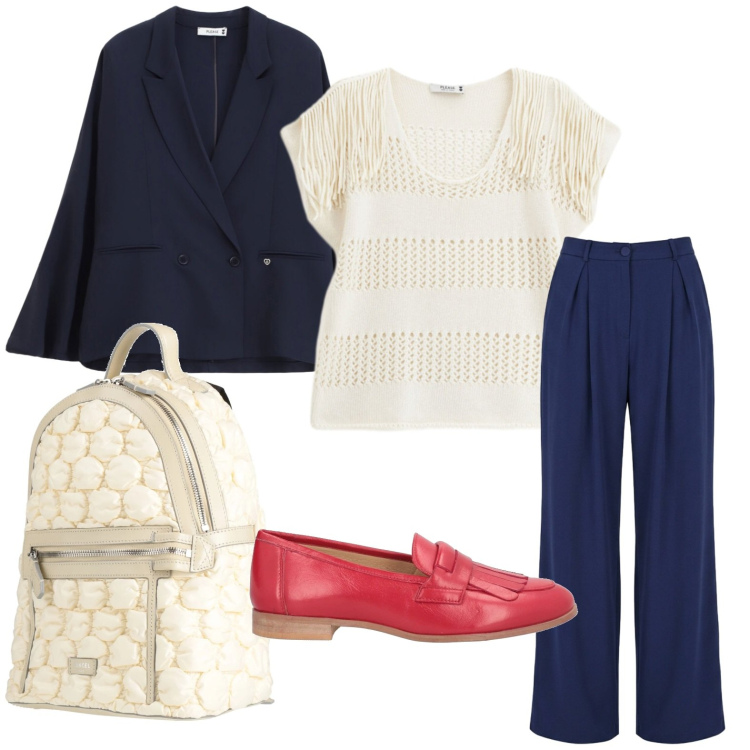 Outfit donna - Lo zaino glam. Stile Casual chic per Ufficio. Abbinamento con zaini, mocassini, pantaloni a palazzo, blazer, top.