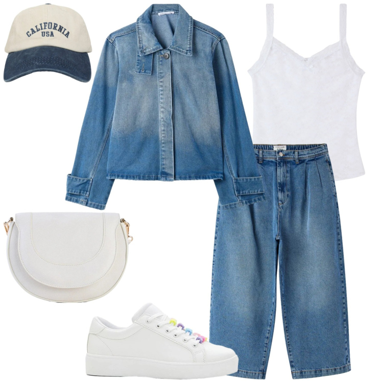 Outfit donna - Denim Easy Mood. Stile Urban per Tutti i giorni. Abbinamento con borse a tracolla, sneakers, jeans, cappotti, canottiere, cappelli con visiera.