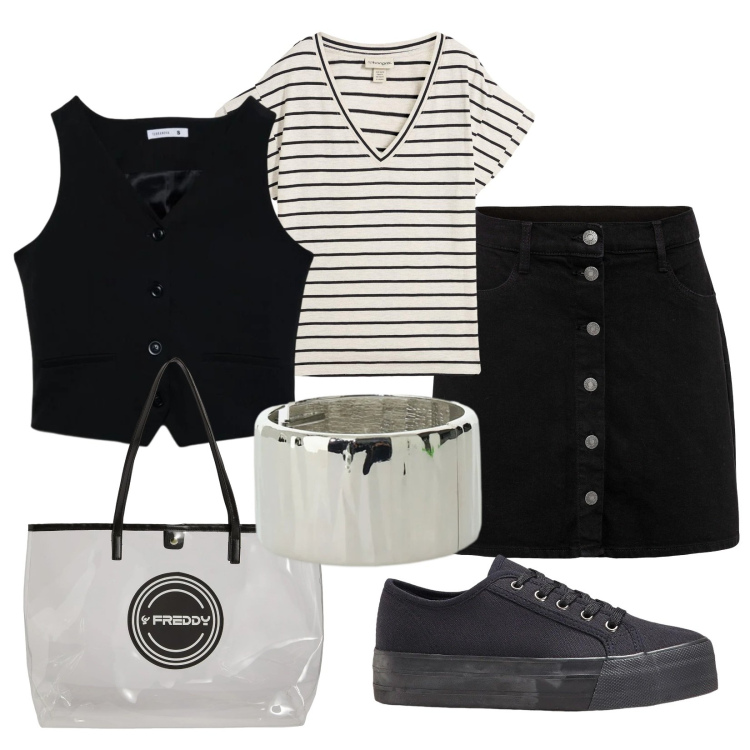 Outfit donna - Total look #2388820. Stile Casual per Tutti i giorni. Abbinamento con sneakers, gonne, maglieria, gilet, braccialetti, shopping bag.
