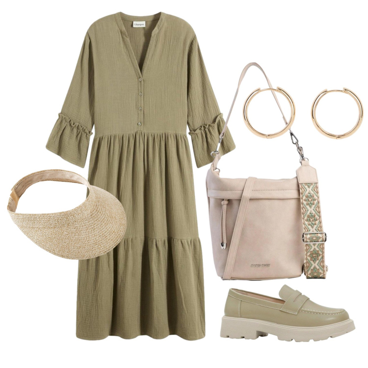 Outfit donna - Aprile. Stile Boho per Tutti i giorni. Abbinamento con vestiti chemisier, mocassini, cappelli con visiera, orecchini, borse a tracolla.