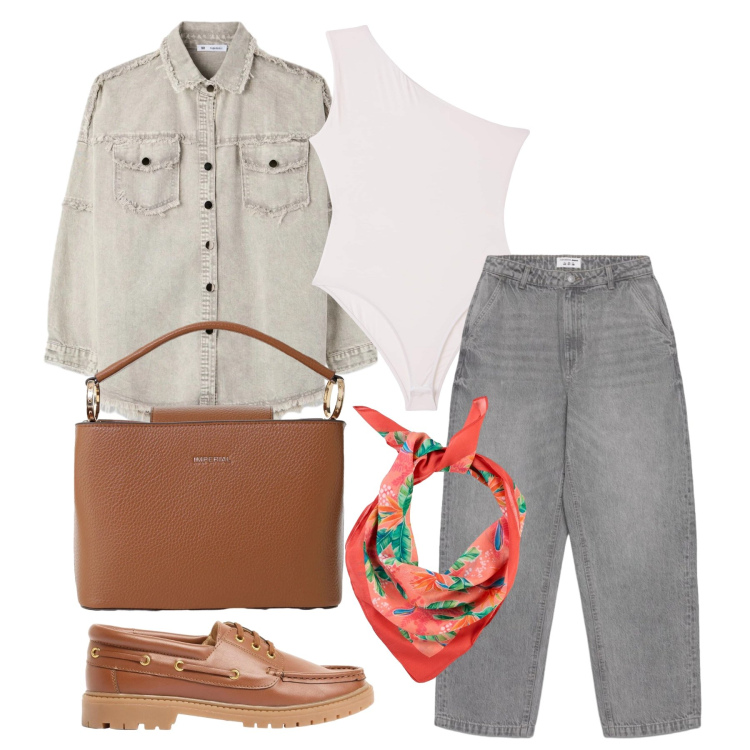 Outfit donna - Aprile. Stile Trendy per Tutti i giorni. Abbinamento con mocassini, foulard, cappotti, jeans dritti, body, borse a secchiello.