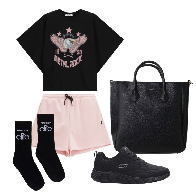 Outfit donna - Aprile. Stile Sporty chic per Tutti i giorni. Abbinamento con sneakers, borse a tracolla, shorts, t-shirt, calzini.