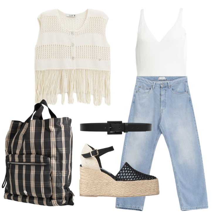 Outfit donna - Aprile. Stile Boho per Tutti i giorni. Abbinamento con body, zaini, espadrillas, jeans, top, cinture.