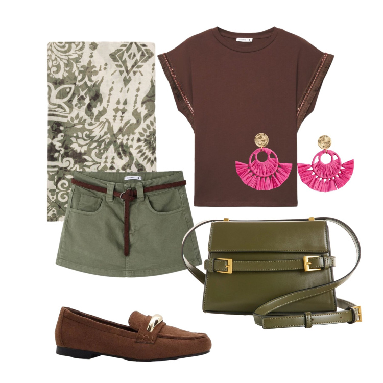 Outfit donna - Aprile. Stile Trendy per Tutti i giorni. Abbinamento con orecchini, borse a tracolla, mocassini, minigonne, t-shirt, foulard.
