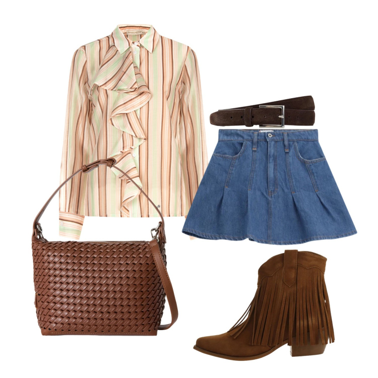 Outfit donna - Aprile. Stile Trendy per Tutti i giorni. Abbinamento con cinture, stivaletti texani, camicie, minigonne, borse a spalla.
