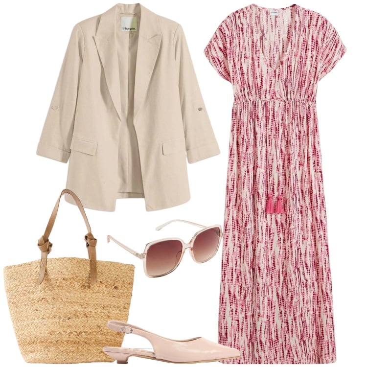 Outfit donna - La borsa di paglia. Stile Boho per Ufficio. Abbinamento con vestiti lunghi, blazer, sandali, shopping bag, occhiali da sole.