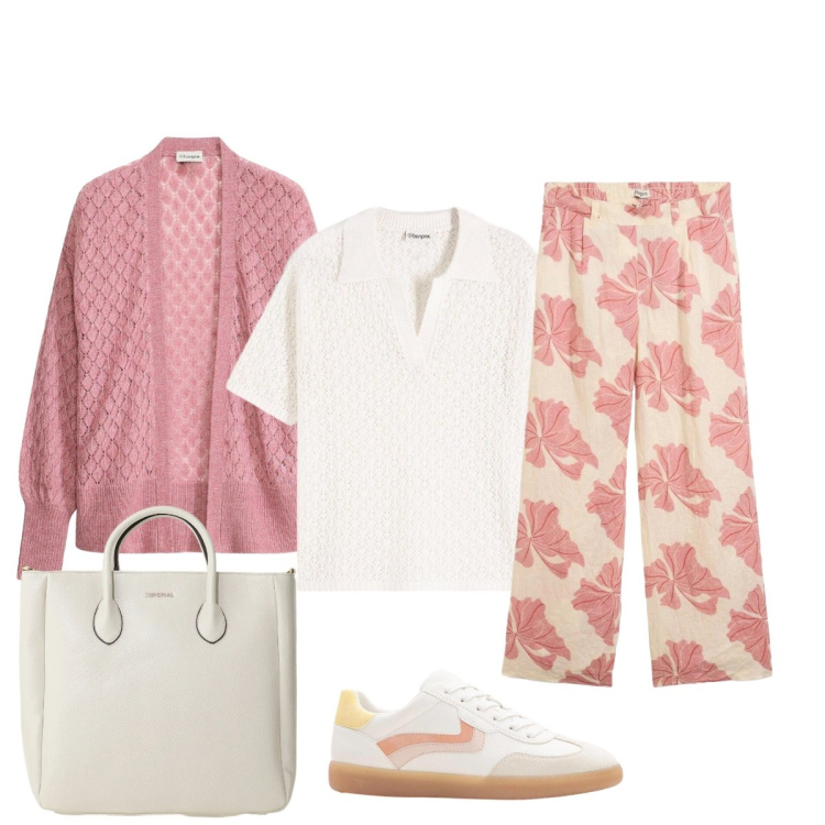 Outfit donna - Casual chic curvy. Stile Casual chic per Tutti i giorni. Abbinamento con pantaloni, cardigans, polo, sneakers, borse a tracolla.