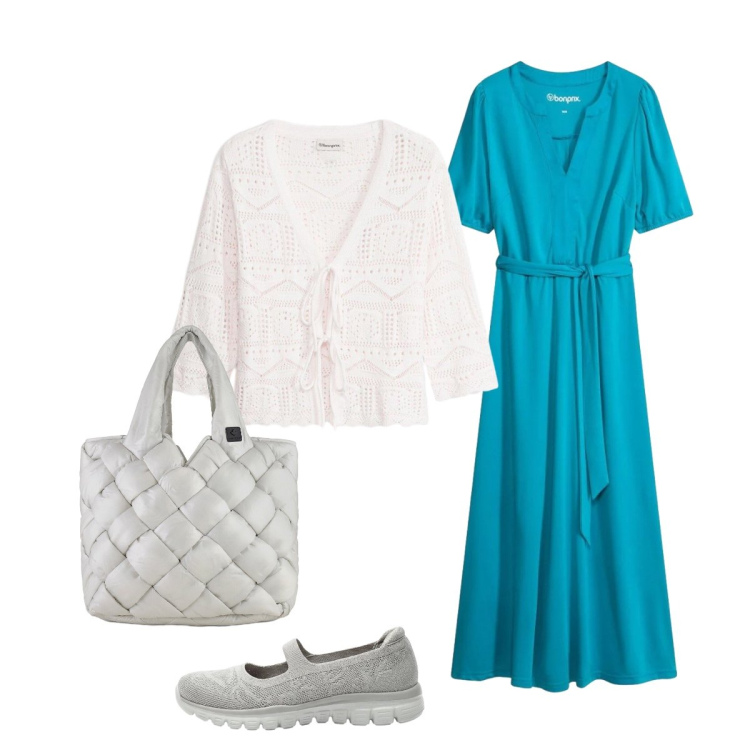 Outfit donna - L’abito turchese. Stile Bon Ton per Ufficio. Abbinamento con cardigans, ballerine, vestiti midi/longuette, borse tote.