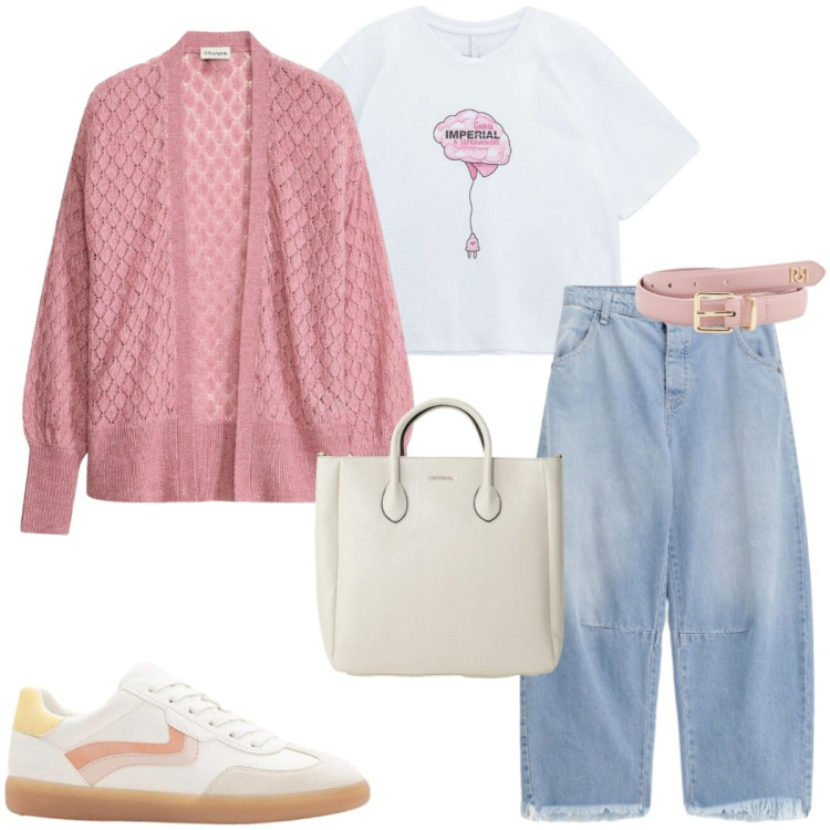 Outfit donna - Denim chiaro in primavera. Stile Casual chic per Ufficio. Abbinamento con cardigans, sneakers, borse a tracolla, t-shirt, cinture, jeans.