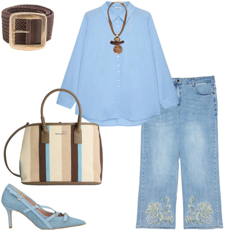 Outfit donna - Denim chiaro in primavera. Stile Casual chic per Tutti i giorni. Abbinamento con décolleté, cinture, jeans, camicie, ciondoli, shopping bag.