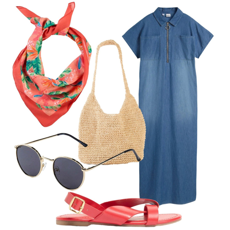 Outfit donna - Abito in jeans. Stile Boho per Tutti i giorni. Abbinamento con vestiti lunghi, sandali, occhiali da sole, foulard, shopping bag.