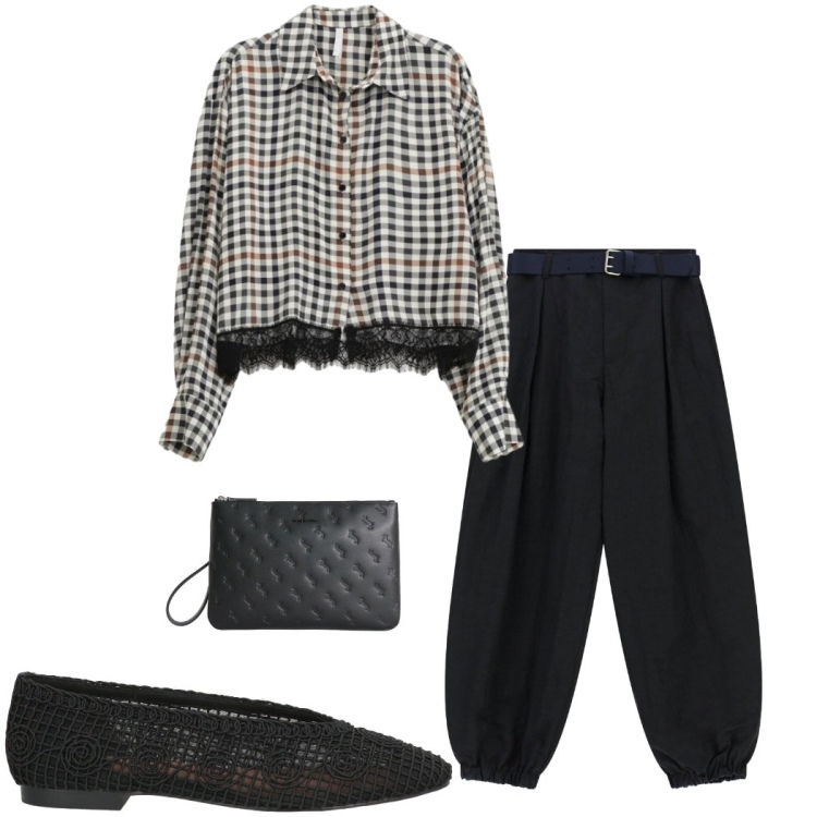 Outfit donna - Quadretti per tutti i giorni. Stile Casual chic per Tutti i giorni. Abbinamento con ballerine, camicie, pantaloni, anelli.