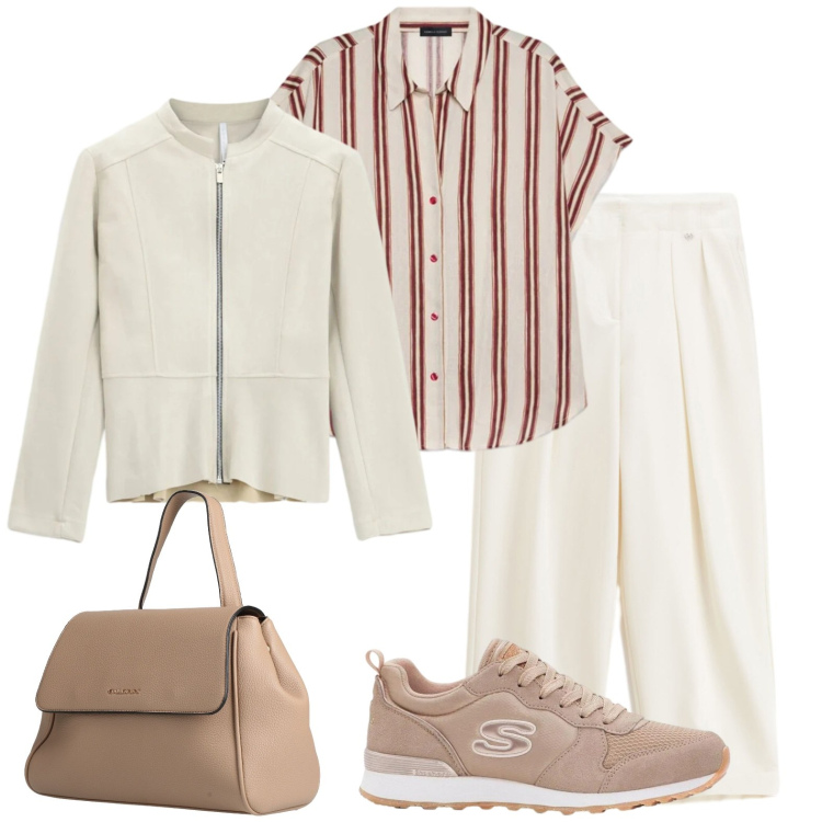 Outfit donna - Blusa a righe. Stile Casual chic per Tutti i giorni. Abbinamento con zaini, sneakers, camicie a manica corta, pantaloni, blazer.