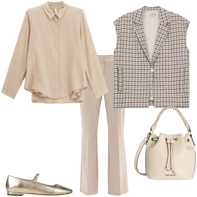 Outfit donna - Quadretti per tutti i giorni. Stile Casual chic per Tutti i giorni. Abbinamento con ballerine, camicie, pantaloni, gilet, borse a secchiello.