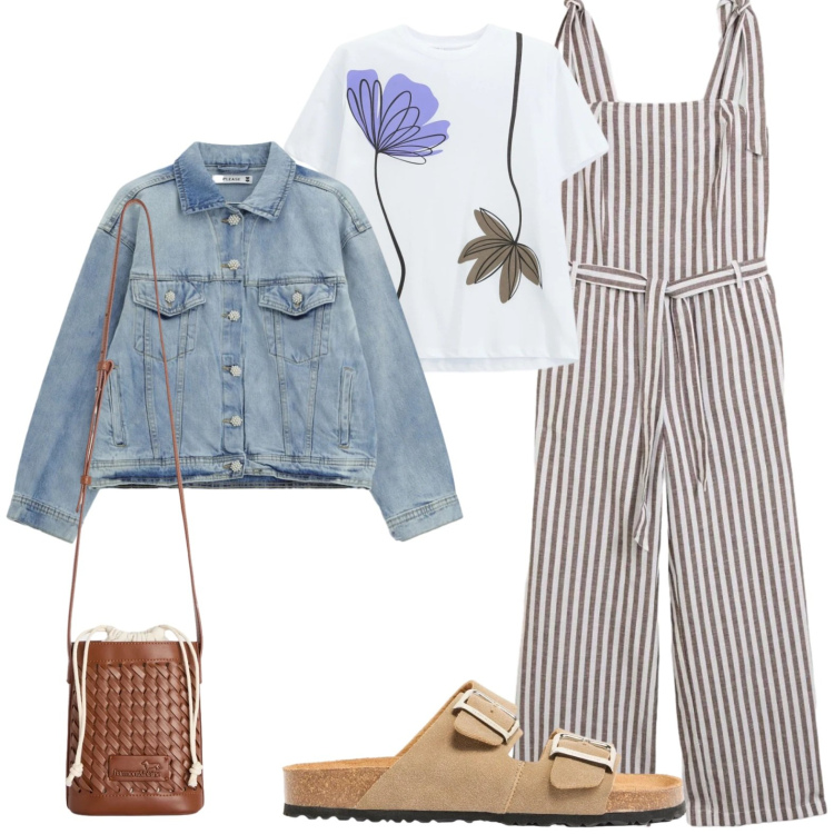 Outfit donna - Salopette a righe. Stile Casual chic per Tutti i giorni. Abbinamento con ciabatte, tute, borse a secchiello, t-shirt, blazer.