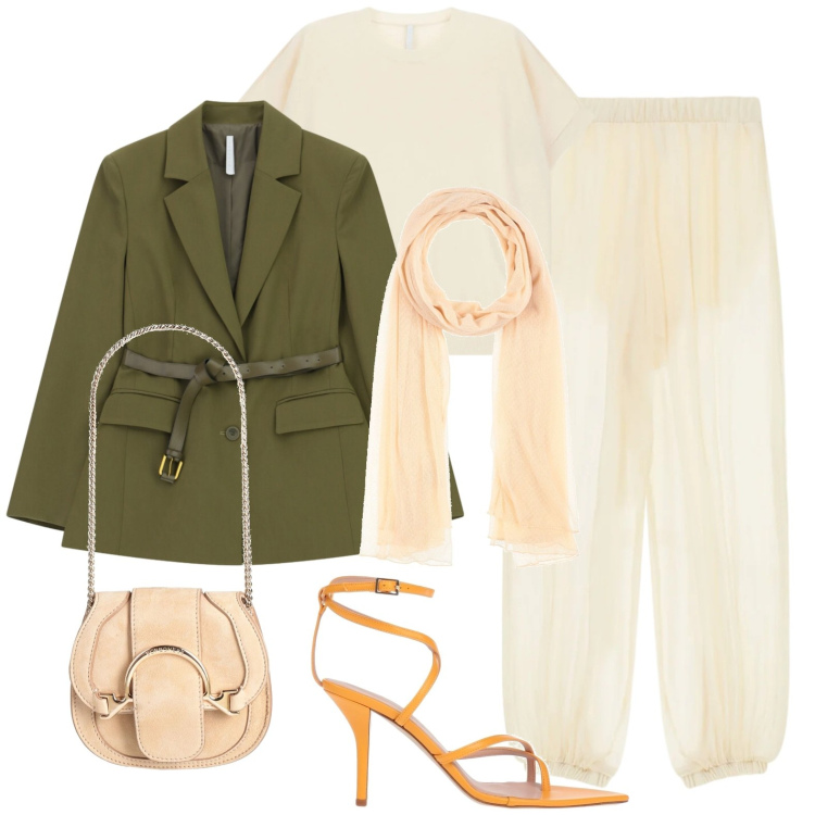 Outfit donna - Sahariana e trasparenze. Stile Glamour per Serata fuori. Abbinamento con marsupi, sciarpe, infradito, pantaloni, blazer, t-shirt.