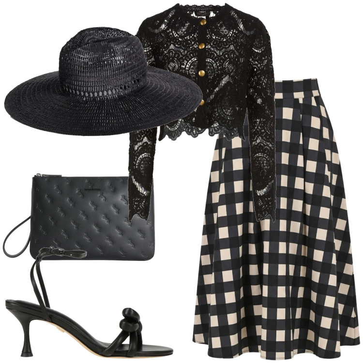 Outfit donna - Diva. Stile Glamour per Cerimonia. Abbinamento con cardigans, cappelli, sandali in pelle, gonne longuette, anelli.