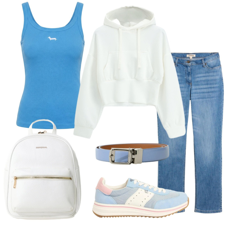 Outfit donna - A lezione. Stile Casual per Scuola/Università. Abbinamento con jeans dritti, sneakers, felpe con cappuccio, zaini, cinture, canottiere.