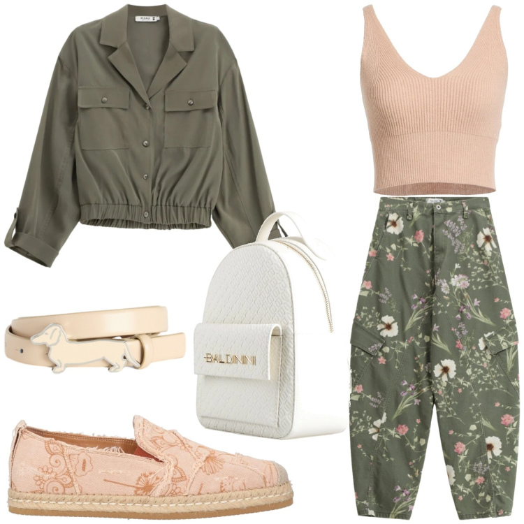 Outfit donna - Pantaloni vivaci. Stile Military per Tutti i giorni. Abbinamento con zaini, espadrillas, top, pantaloni cargo, camicie, cinture.