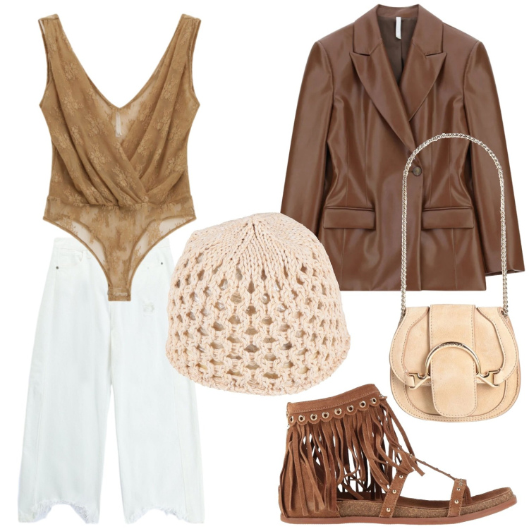 Outfit donna - Sandali con frange. Stile Casual per Tutti i giorni. Abbinamento con infradito, marsupi, cappelli, pantaloni a palazzo, top, blazer.