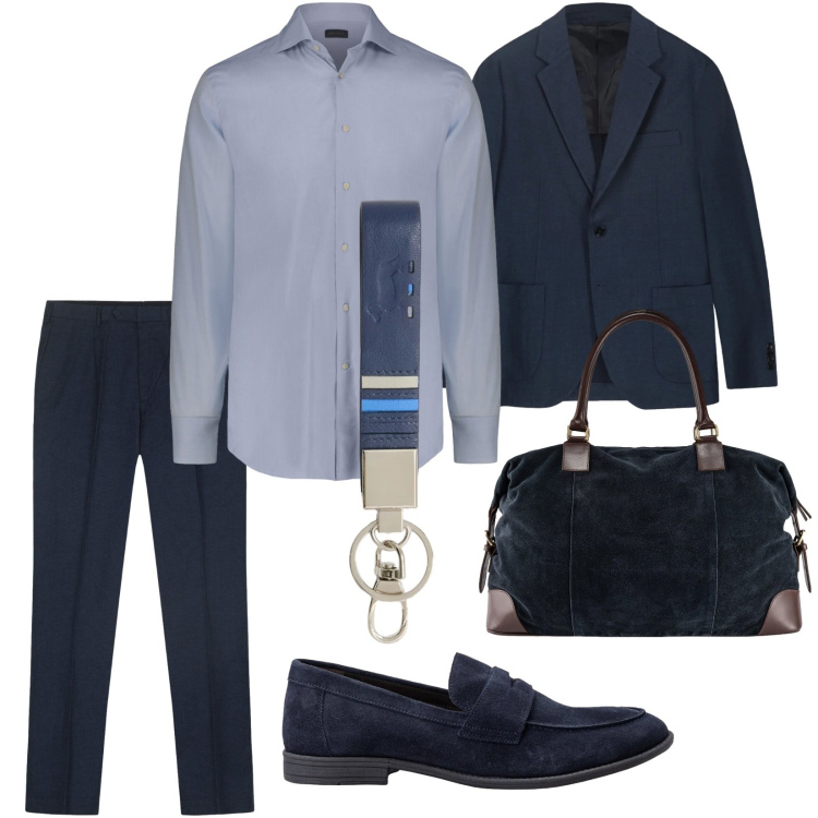 Outfit uomo - In ufficio. Stile Business/Elegante per Ufficio. Abbinamento con portachiavi, borse sportive, giacche, pantaloni, camicie, scarpe stringate.