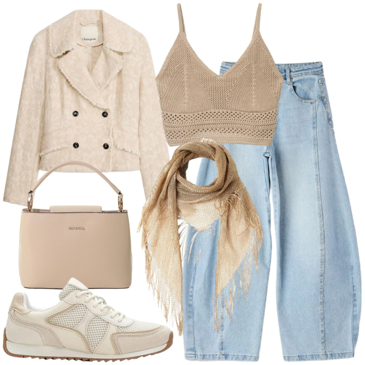 Outfit donna - Relax con amici. Stile Casual chic per Tutti i giorni. Abbinamento con sneakers alte, blazer, top, jeans, canottiere, borse a secchiello.