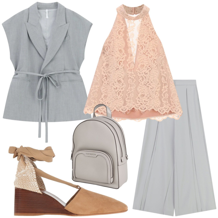 Outfit donna - Gilet silver. Stile Minimal per Tutti i giorni. Abbinamento con décolleté, zaini, canottiere, gilet, pantaloni a palazzo.