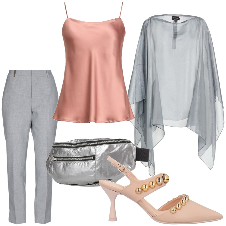 Outfit donna - Grigio e rosa. Stile Chic per Serata fuori. Abbinamento con cappotti, top, pantaloni, décolleté, marsupi.