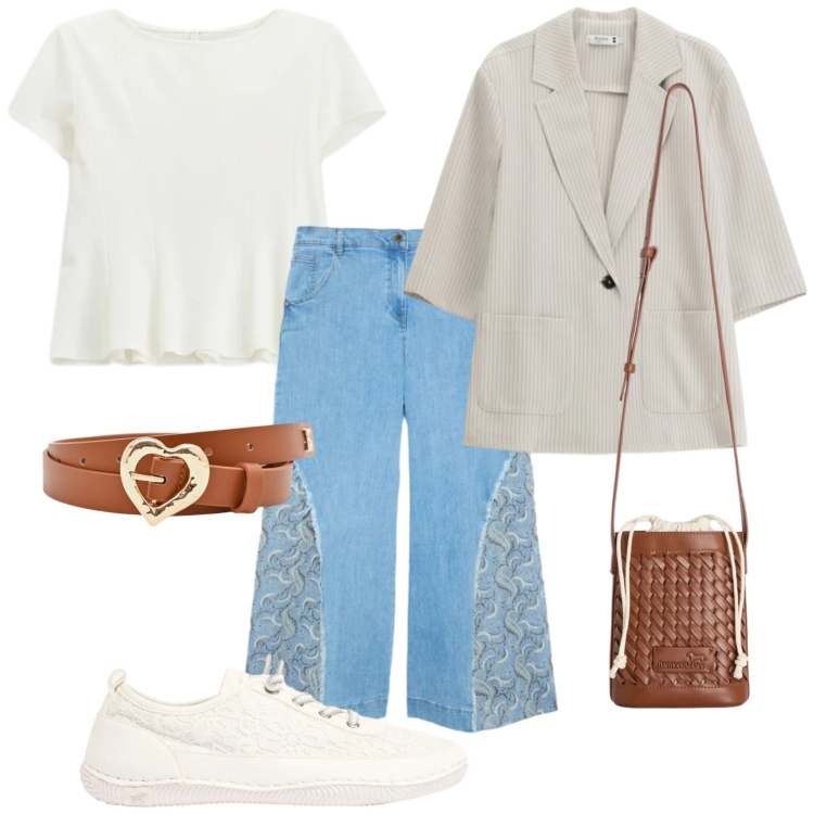 Outfit donna - Denim di primavera. Stile Trendy per Tutti i giorni. Abbinamento con sneakers, top, cinture, pantaloni, blazer, borse a secchiello.