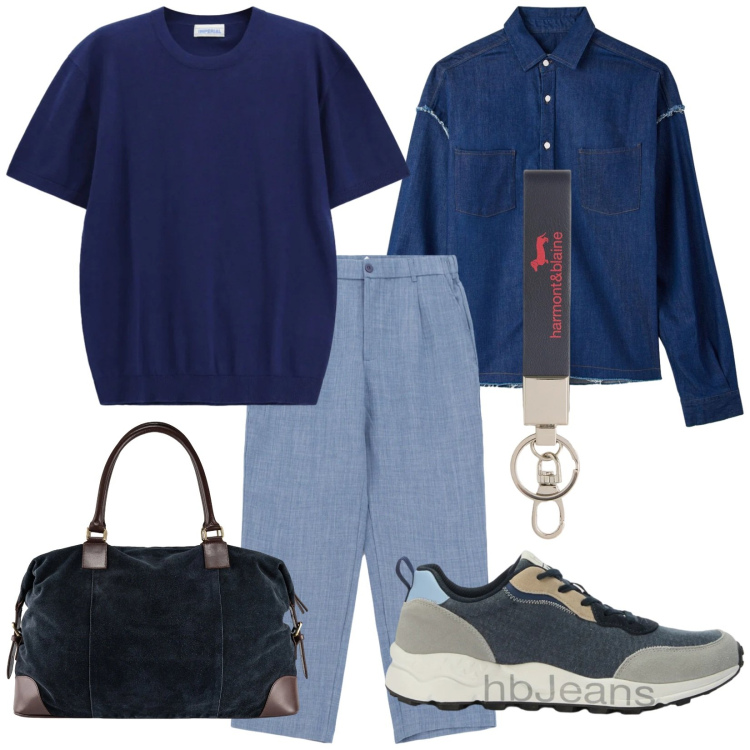 Outfit uomo - Primavera smart casual. Stile Trendy per Tutti i giorni. Abbinamento con camicie, pantaloni, t-shirt, portachiavi, sneakers, borse sportive.