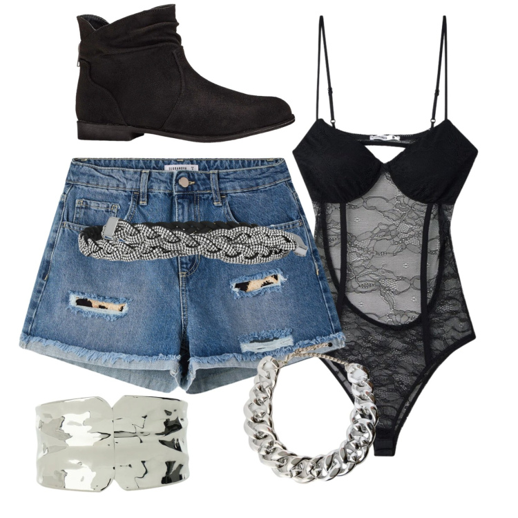 Outfit donna - Total look #2388878. Stile Sexy per Serata fuori. Abbinamento con stivaletti, body, shorts, cinture, braccialetti, collane.