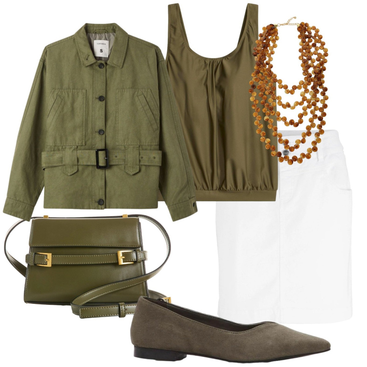 Outfit donna - Verde per la città. Stile Urban per Ufficio. Abbinamento con borse a tracolla, ballerine, top, minigonne, cappotti, collane.