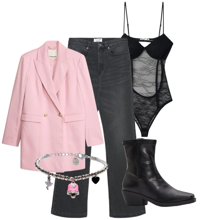 Outfit donna - Total look #2388881. Stile Casual chic per Serata fuori. Abbinamento con stivaletti, blazer, body, jeans bootcut, braccialetti.