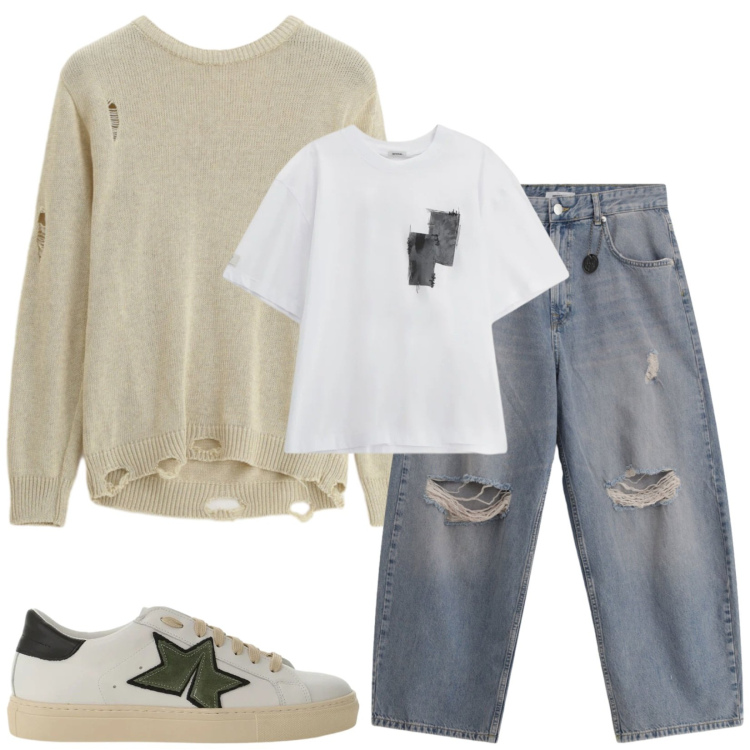 Outfit uomo - Total look #2388891. Stile Trendy per Tutti i giorni. Abbinamento con jeans strappati, t-shirt, maglieria, sneakers.