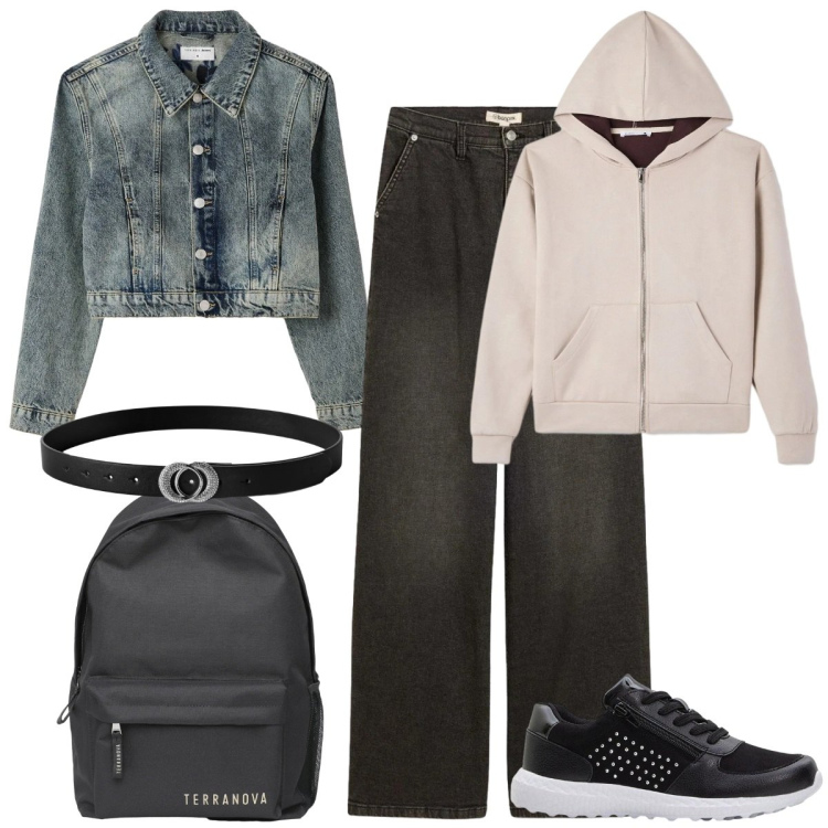 Outfit donna - Total look #2388893. Stile Casual chic per Tutti i giorni. Abbinamento con sneakers, jeans dritti, cinture, zaini, felpe con cappuccio, cappotti.