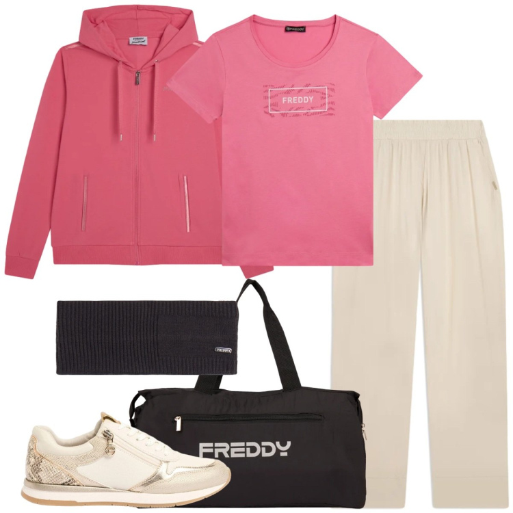 Outfit donna - Total look #2388896. Stile Sporty chic per Sport. Abbinamento con sneakers, accessori per capelli, borse sportive, felpe con cappuccio, pantaloni, t-shirt.
