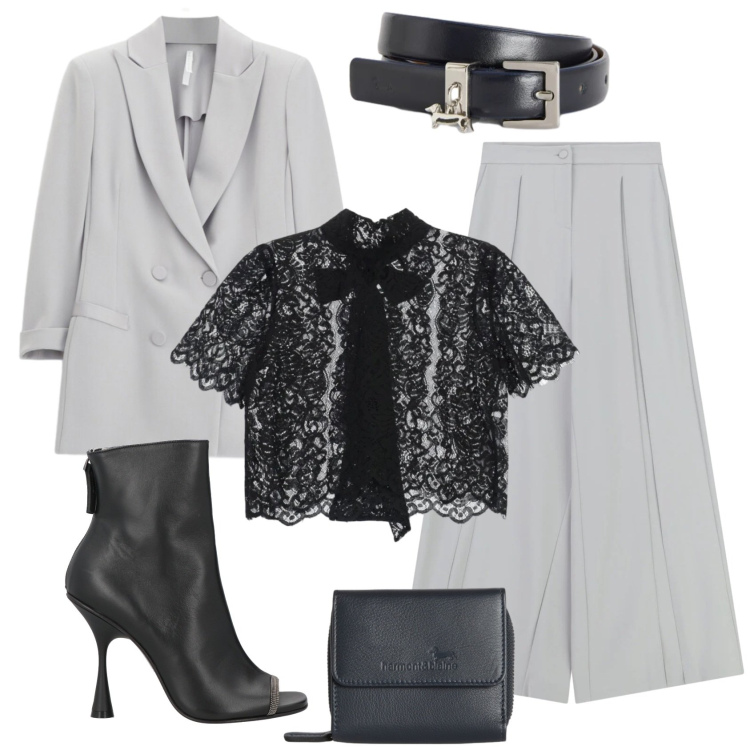 Outfit donna - Total look #2388898. Stile Chic per Cerimonia. Abbinamento con stivaletti, top, blazer, pantaloni a palazzo, cinture, portafogli.