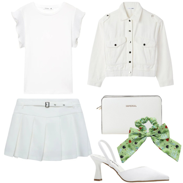 Outfit donna - Total white. Stile Preppy per Tutti i giorni. Abbinamento con décolleté, accessori per capelli, minigonne, cappotti, t-shirt, borse a tracolla.