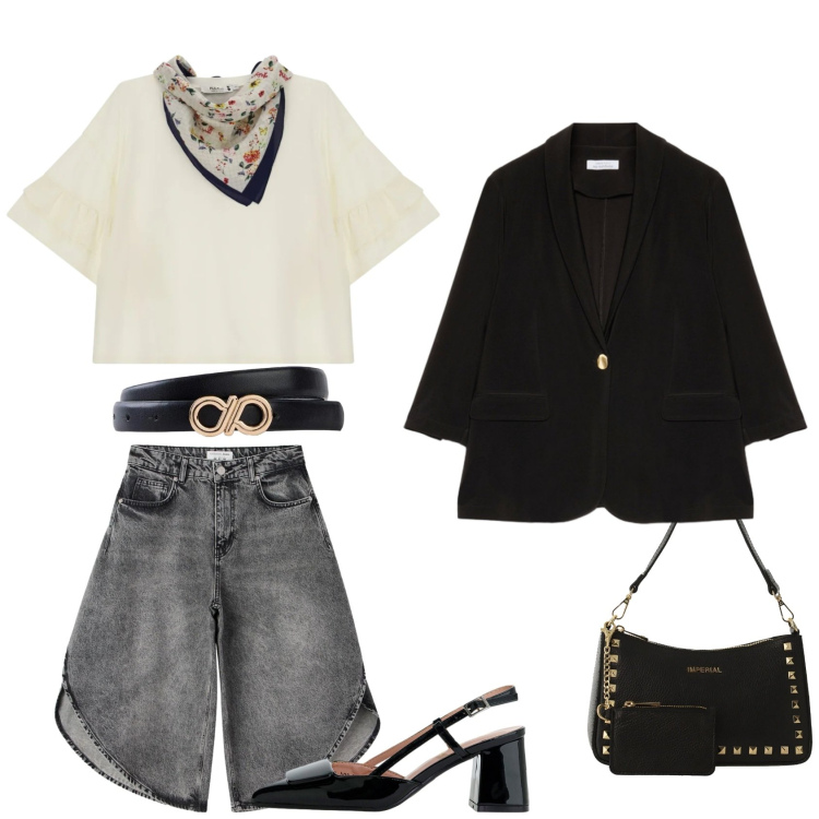 Outfit donna - Pranzo a Orvieto. Stile Casual chic Abbinamento con cinture, pantaloni corti, blazer, top, borse a spalla, décolleté.