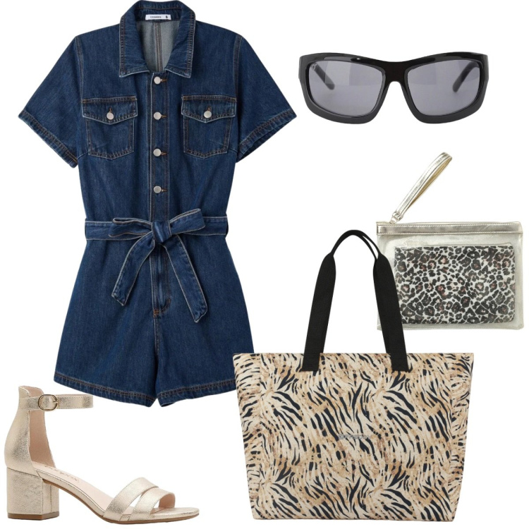 Outfit donna - Tuta corta in denim. Stile Casual chic per Tutti i giorni. Abbinamento con sandali col tacco, pochette, tuta corta, occhiali da sole, shopping bag.