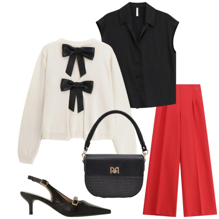 Outfit donna - Total look #2388911. Stile Mannish per Serata fuori. Abbinamento con sandali col tacco, camicie a manica corta, borse a spalla, pantaloni a palazzo, maglieria.