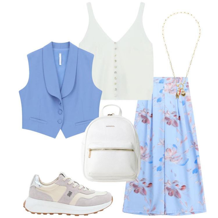 Outfit donna - Total look #2388913. Stile Romantica per Serata fuori. Abbinamento con pantaloni a palazzo, gilet, zaini, canottiere, sneakers, ciondoli.