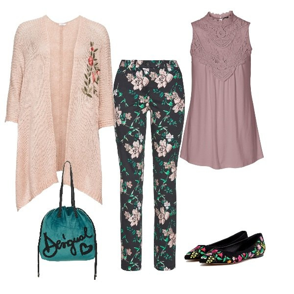 Outfit donna - Stile libero primaverile. Stile Basic per Tutti i giorni. Abbinamento con top, pantalone fantasia elasticizzato nero, cardigan, borsa a spalla, ballerine.